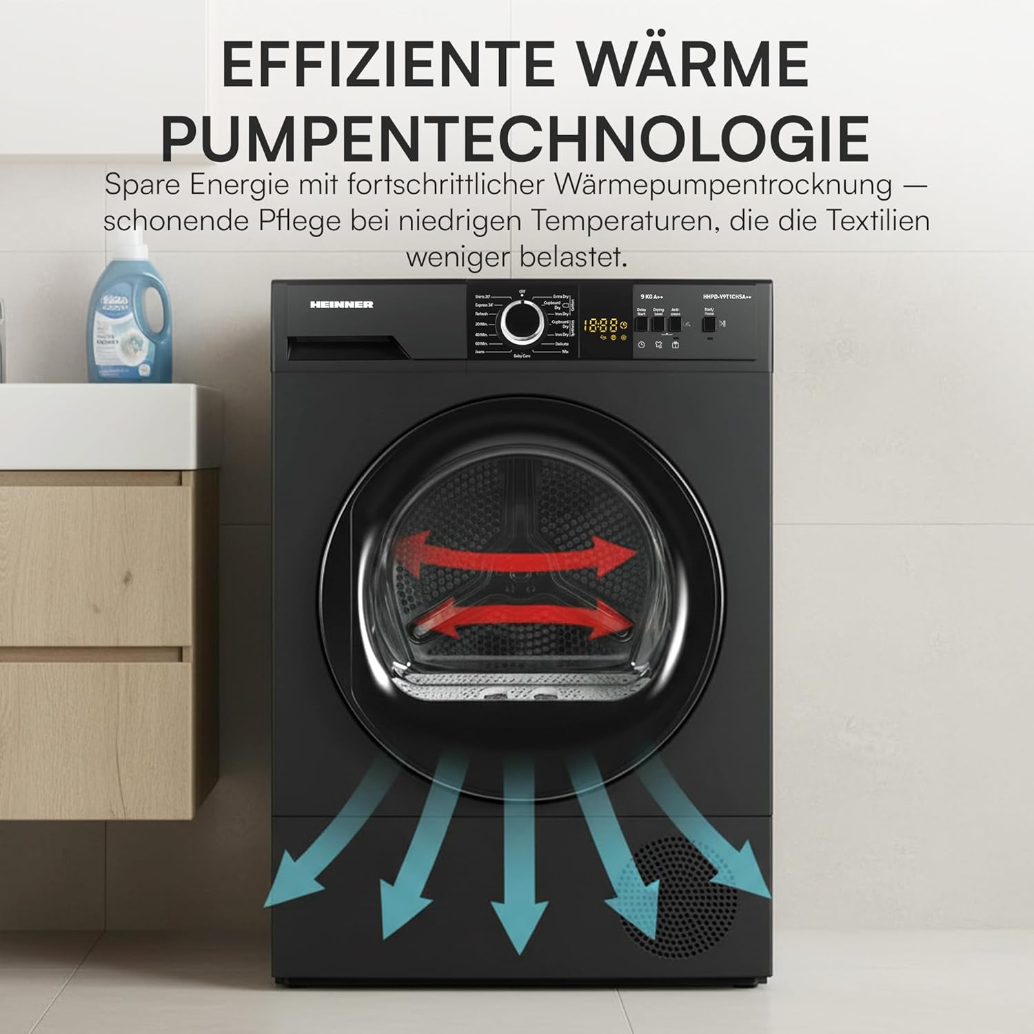 HHPD‑V9T1CHA++ – Warmtepompdroger 9kg, Energieklasse A++, 15 programma's, LED-display – Stil & energiezuinig – 5 jaar garantie (Anthrazit, 9 KG)