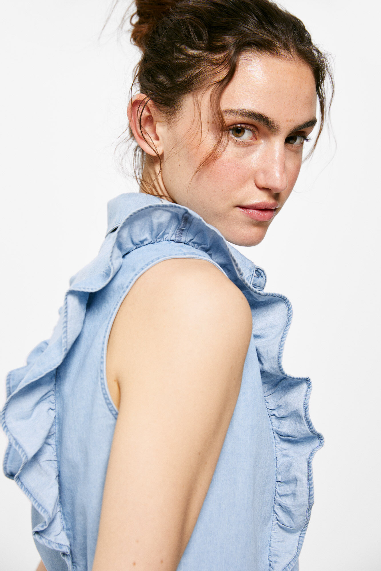 Blusa jeans com babados - Azul médio