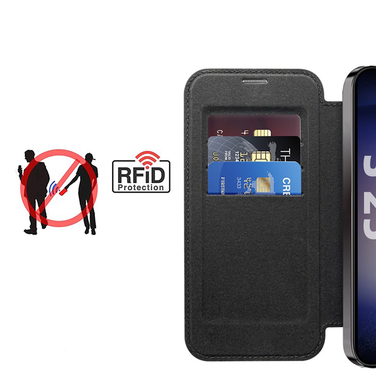 Samsung Galaxy S25 Hybrid Leder Tasche   Kunststoff Rückseite MagSafe-Modul (RFID Schutz) - Schwarz / Transparent