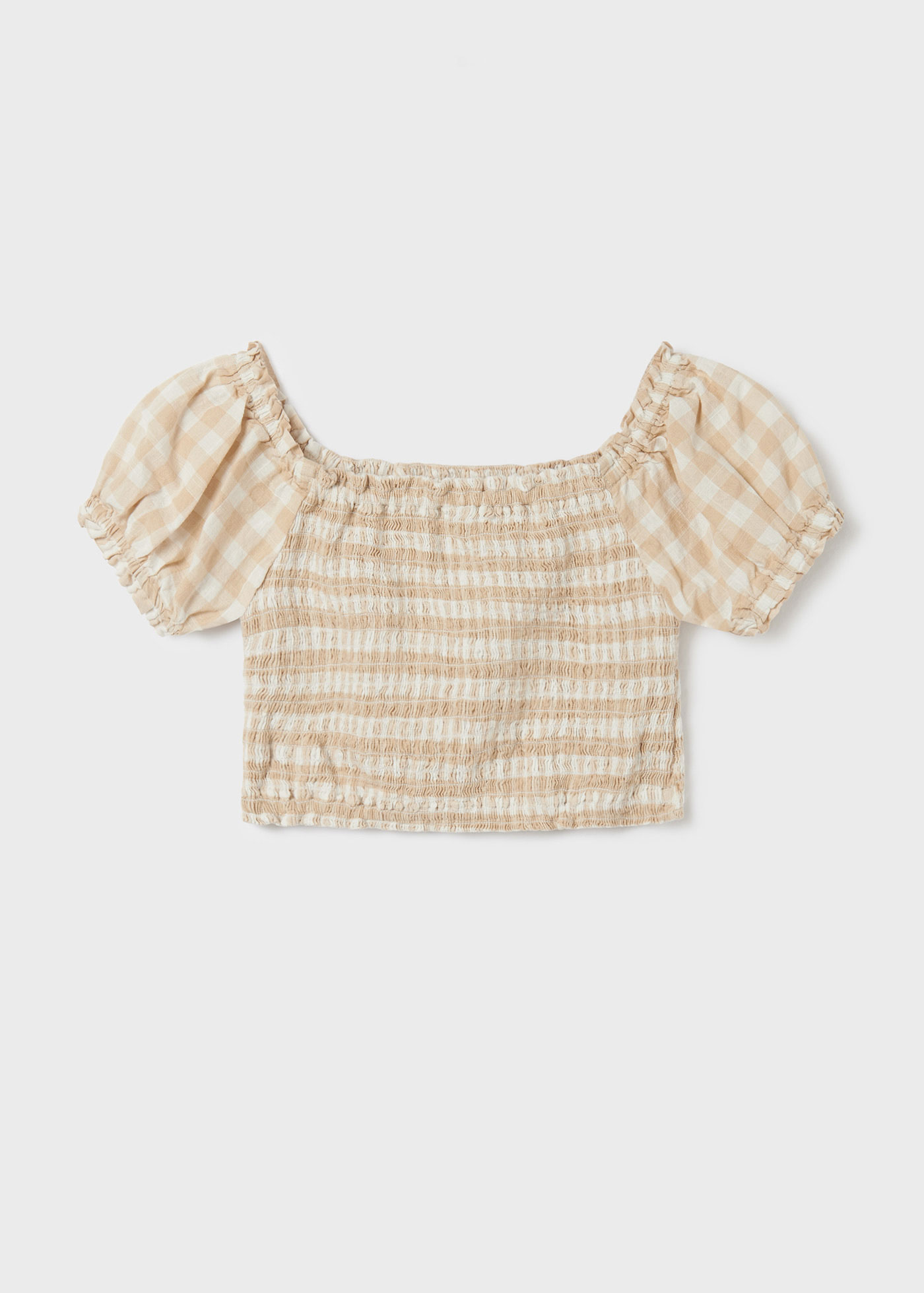 Blusa infantil de algodão com estampa xadrez vichy e detalhes franzidos