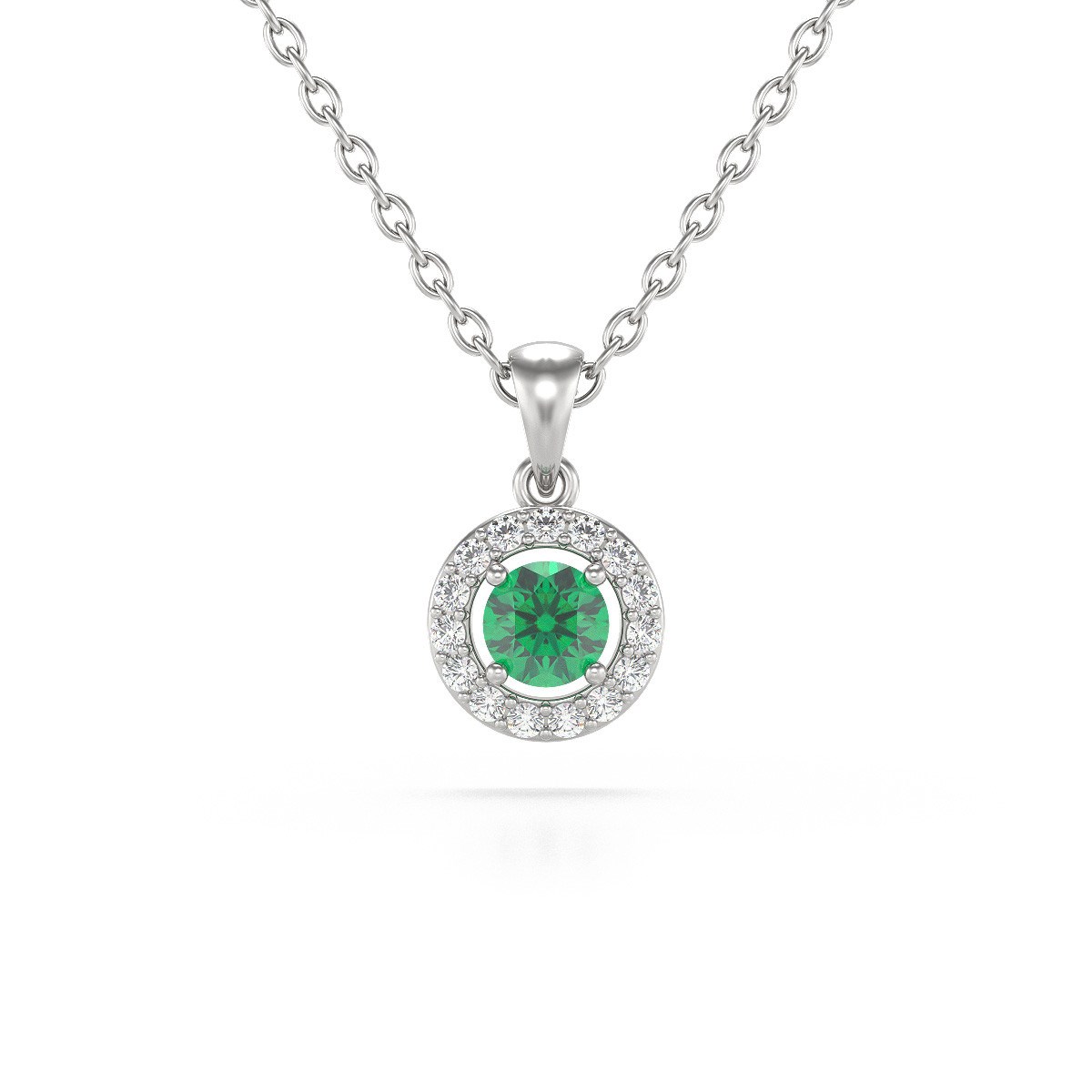 Collier Pendentif ADEN Or 585 Blanc Emeraude et Diamants Chaine Or 585 incluse 0.56grs