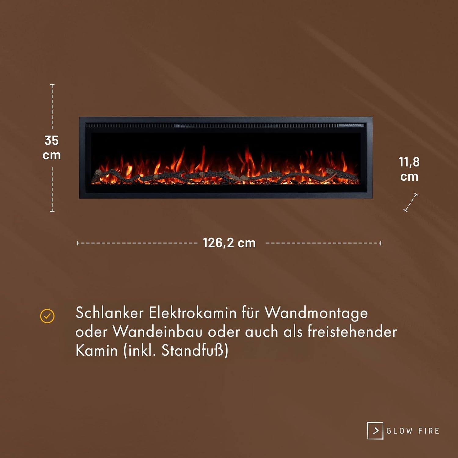 GLOW FIRE Elektrokamin Core 127 mit realistischem 3D LED-Feuer - Wand-Elektrokamin mit Heizung und Kaminfeuer, App Steuerung, Knistereffekt & Timer, max. 1800 W, 127x35x12cm