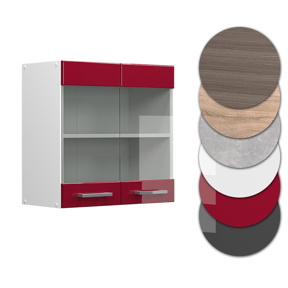 Vicco Hängeglasschrank Küchenschrank Küchenzeile R-Line 60 cm Weiß Bordeaux Tür Fächer Hochglanz