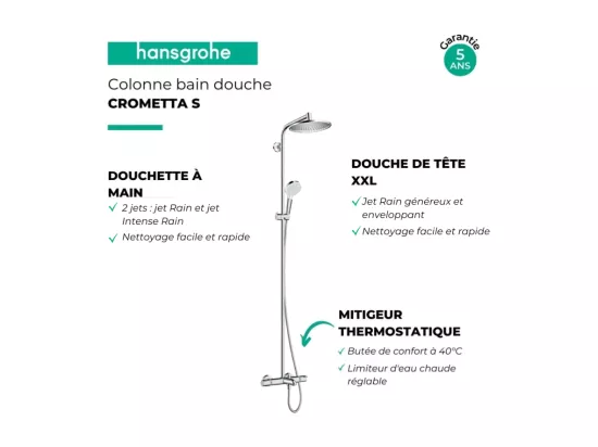 Colonne bain douche thermostatique HANSGROHE Crometta S 240 chromé + tablette Addstoris