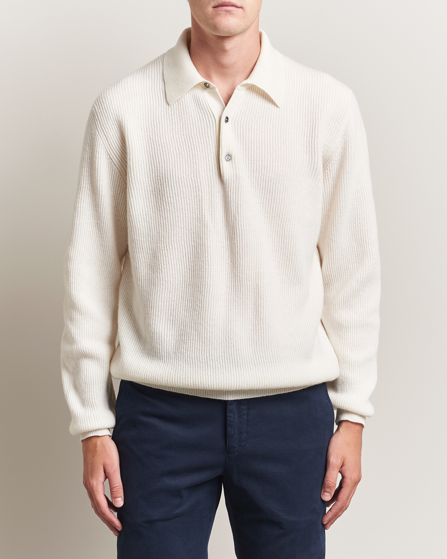 Kiton Cashmere Rib Long Sleeve Polo Light Beige