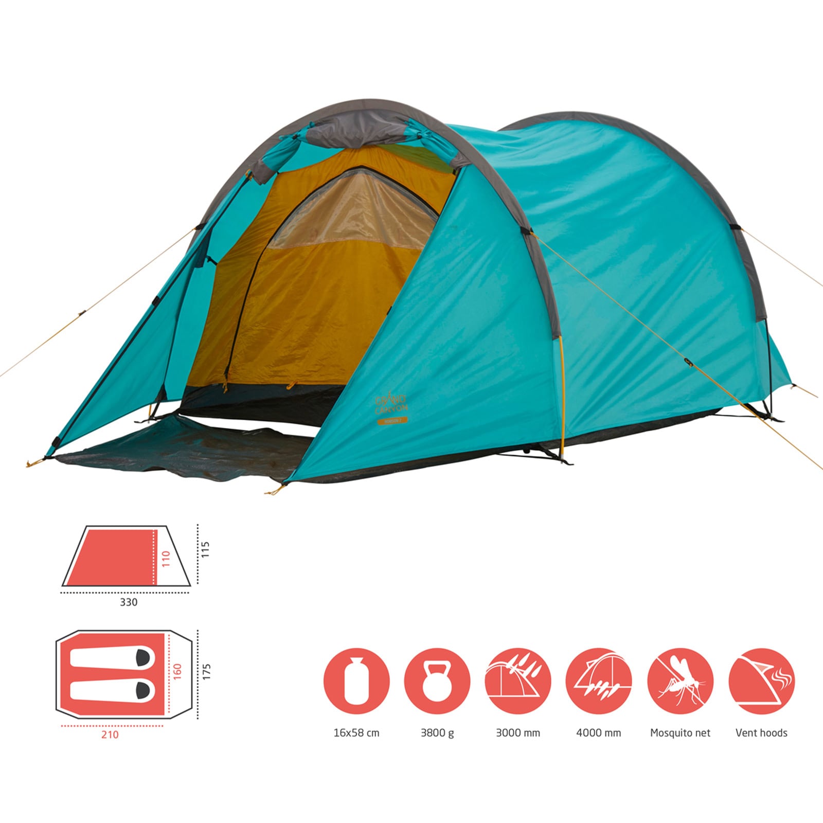 GRAND CANYON Tunelzelt Robson 2 Personen Zelt Familien Camping Leicht Vorraum Farbe: Blue Grass