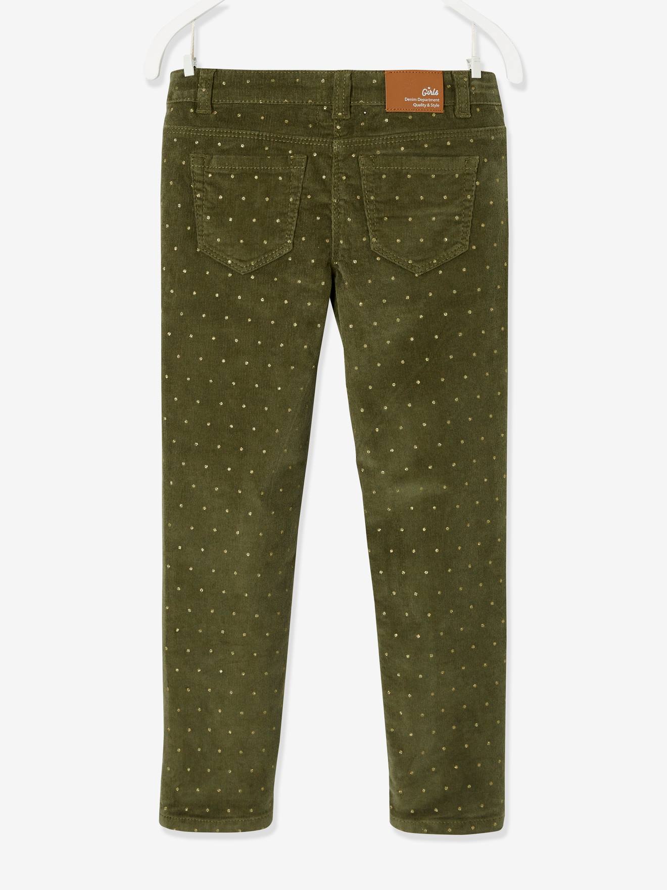 Calças de veludo cotelê slim fit para meninas da MorphologiK com bolinhas iridescentes, largura padrão no quadril, estampa verde média.