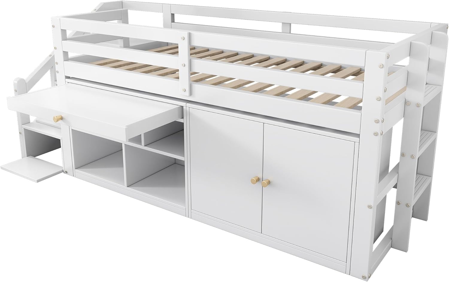 Kinderbett 90x200 Einzelbett, Hochbett mit Stauschrank, Schreibtisch und Treppe, Regal & Schubladen & Schließfach, Holzbett Stauraumbett Funktionsbett Jugendhochbett mit Lattenrost,Ohne Matratze,Weiß