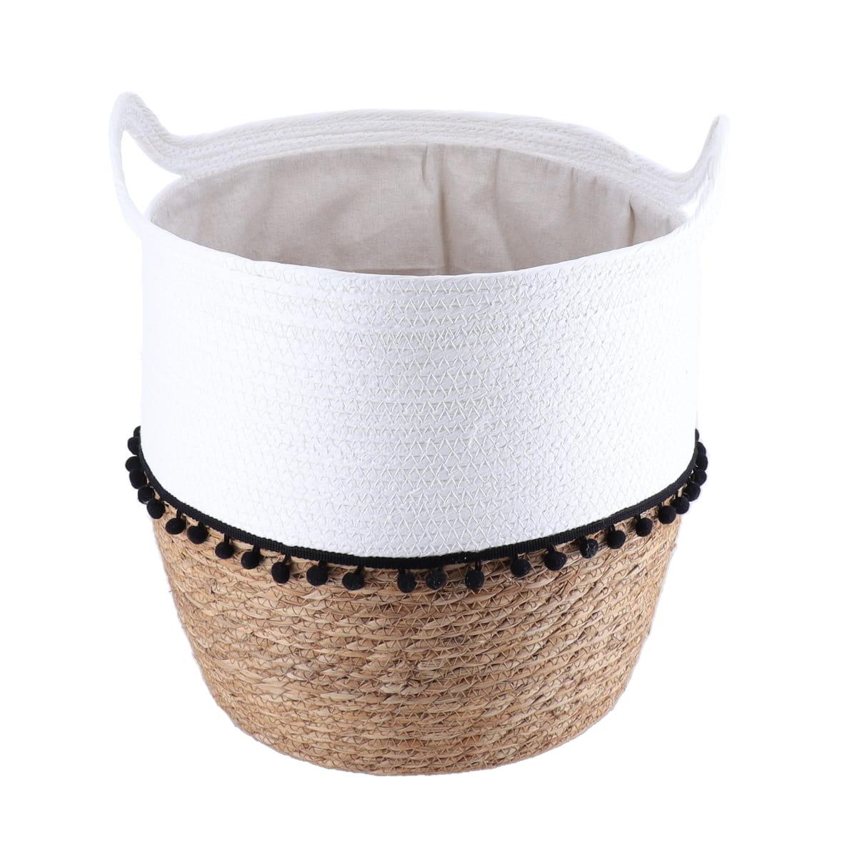 PANIERE RONDE DECO POMPONS D.42X48CM BLANC NATUREL