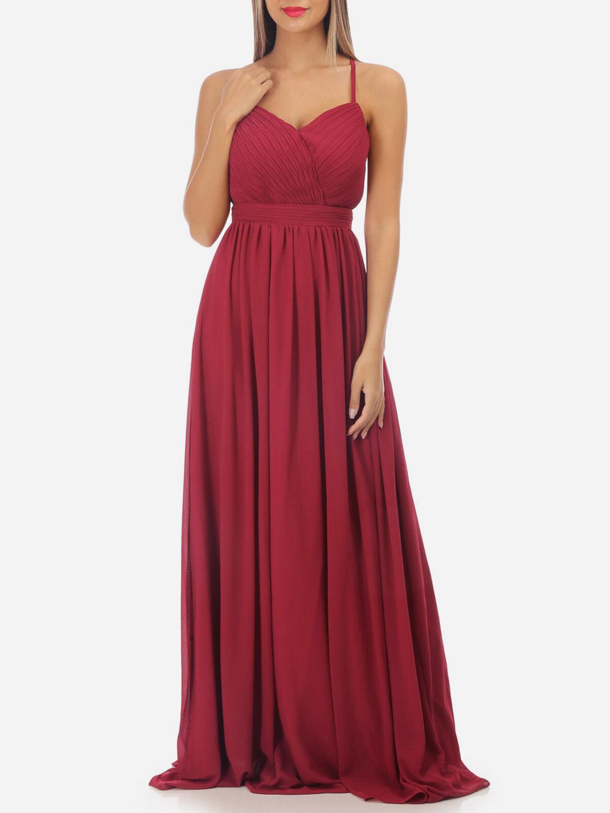 Robe longue à décolleté drapé- Rouge foncé