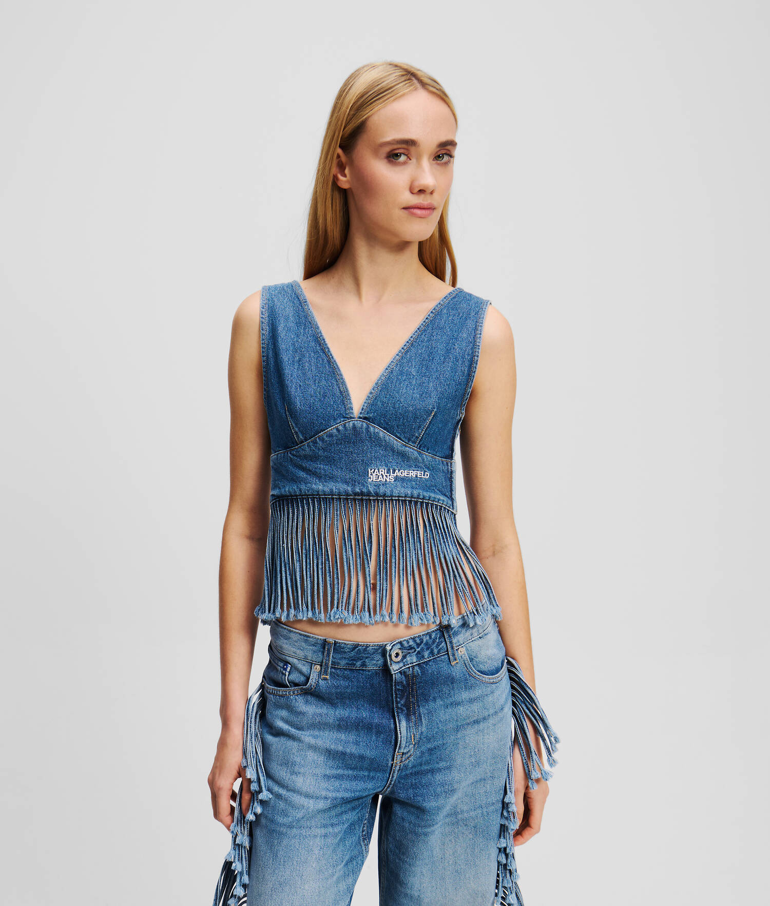 TOP EN DENIM FRANGÉ - Bleu moyen lavé à la pierre