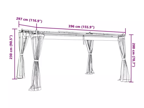 Tonnelle avec parois en filet crème 4x3 m acier