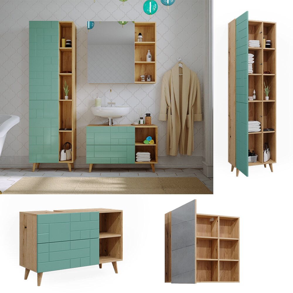 Vicco Badmöbel-Set Rudi in Eiche Evoke Mintgrün, Badezimmer, moderne Badserie Waschbeckenunterschrank Spiegelschrank Hochschrank