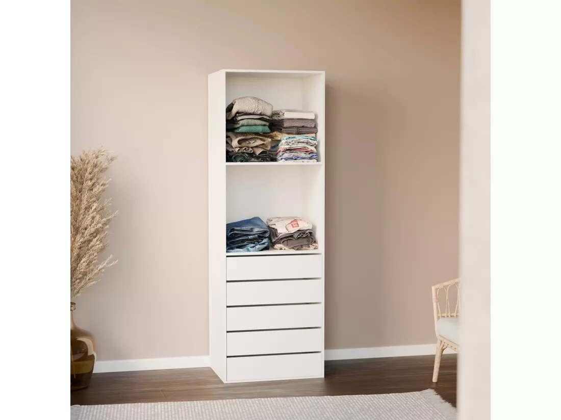 Module dressing avec 5 tiroirs et 2 étagères. blanc. panneaux stratifiés