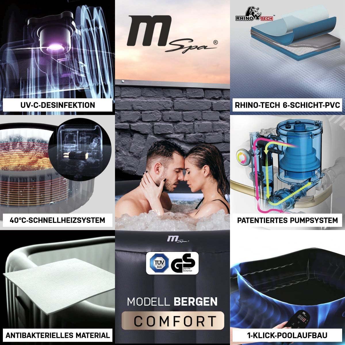 Miweba MSpa Whirlpool Outdoor | Bergen 6 Personen Pool - Spa ⌀ 204.0 cm - Hot Tub - Aufstellpool mit Fernbedienung - Aufblasbarer Whirlpool - Swimmingpool aufblasbar - 138 Düsen - 1429 Liter (6 Pers.)