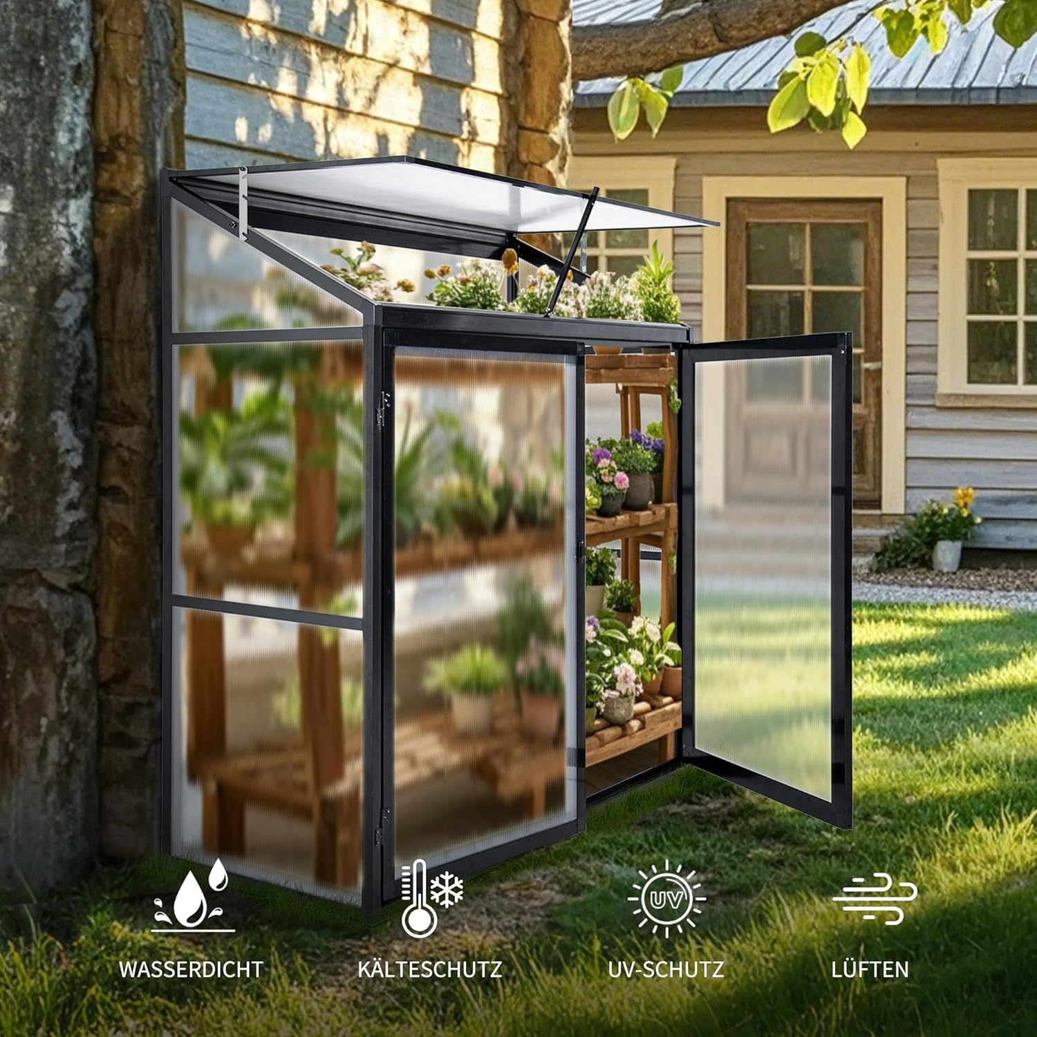Anlehngewächshaus Tomaten Gewächshaus 130x55x140cm Aluminium Beistell-Gewächshaus, Treibhaus Gartenhaus Frühbeet mit Rückwand, Gewächshaus Winterfest Klein, Minigewächshaus, Schwarz