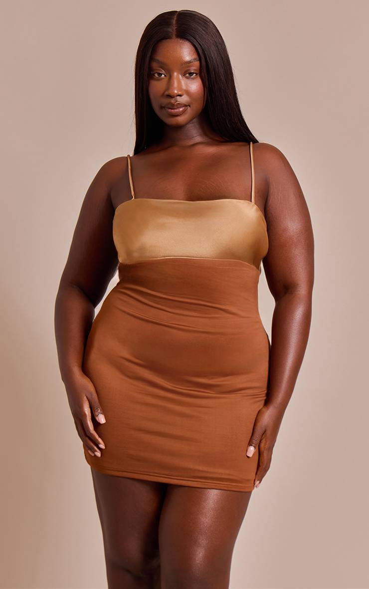 Marron Robe Mini Moulante Grande Taille À Bretelles Avec Empiècement Contrasté Au Buste