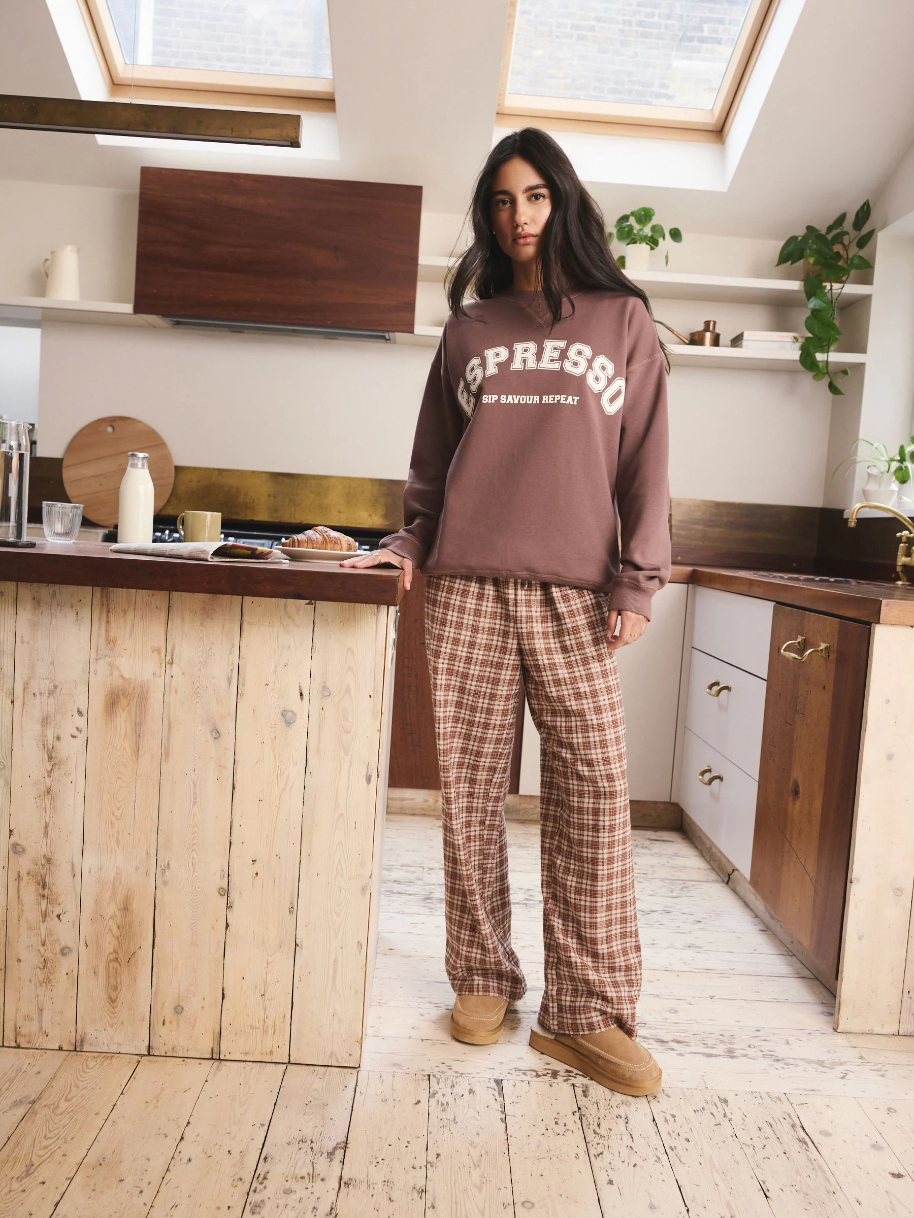Espresso-bruin - Pyjama van sweatshirt en flanel