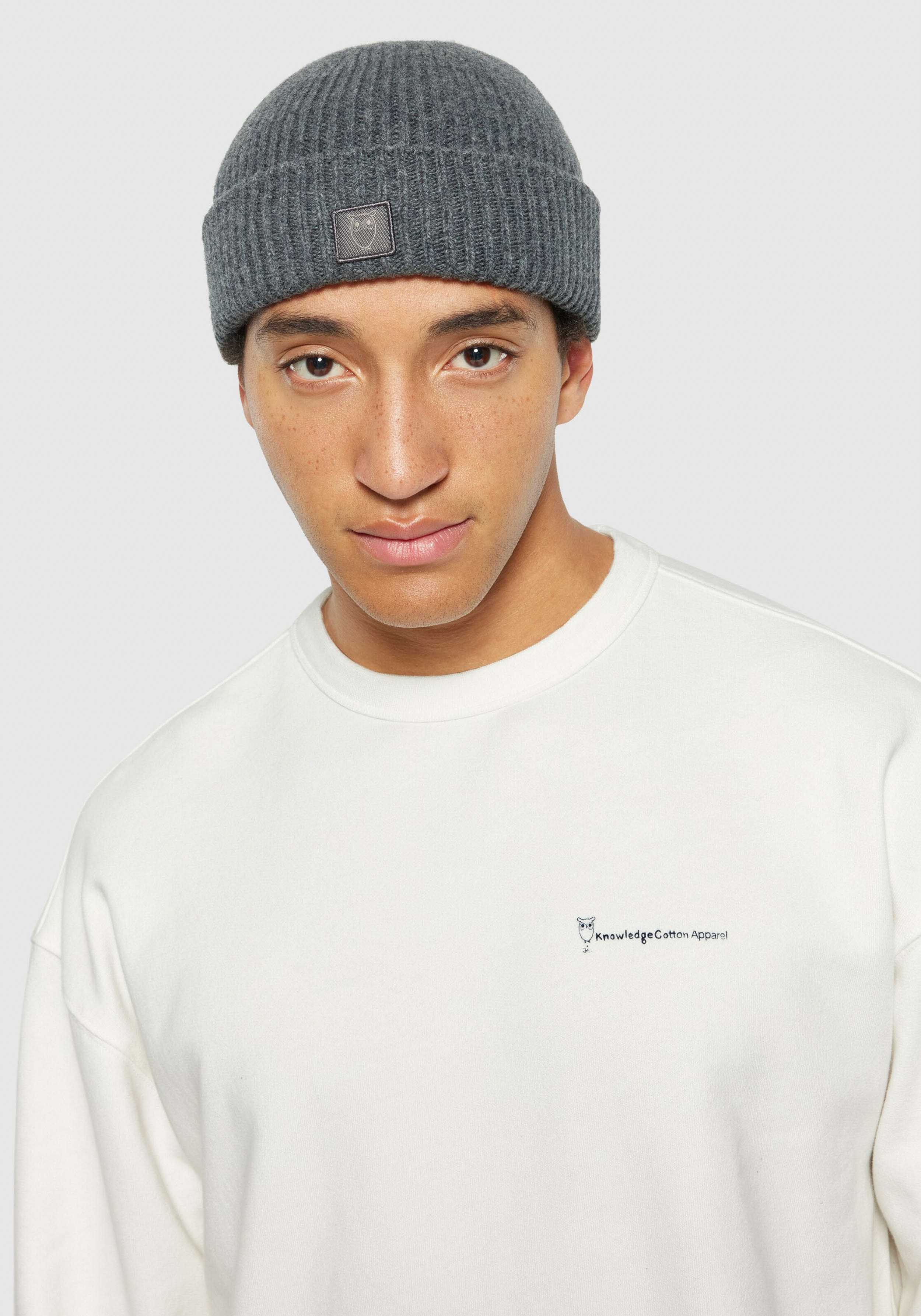 Knowledge Cotton Apparel Beanie Merino Wool Rib Beanie Dark Grey Melange