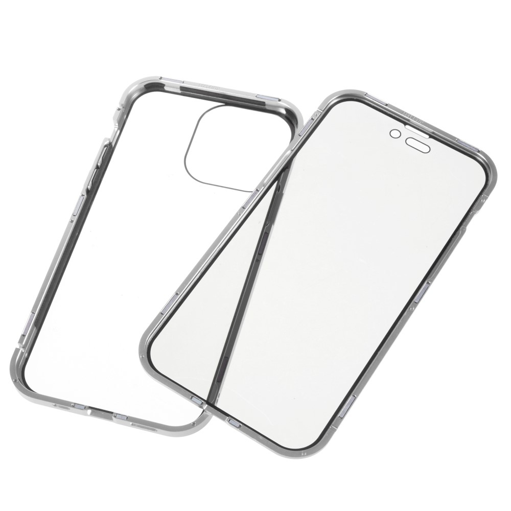 iPhone 14 Pro Magnetische Alu Schutzhülle mit Panzer Glas Backcover   Privacy Glas Displayschutz (Magnet-Technologie) - Silber