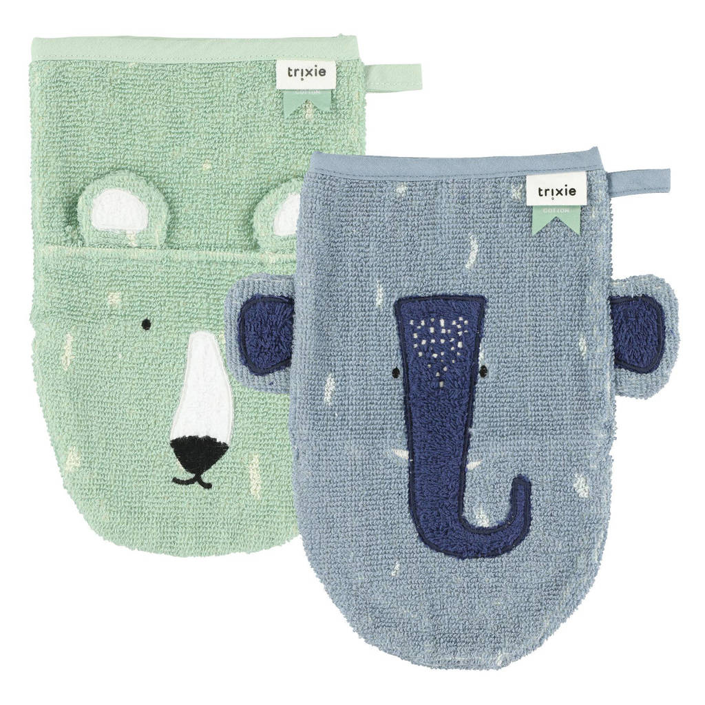 Mr. Polar Bear - Mrs. Elephant baby washandje - set van 2 blauw/groen