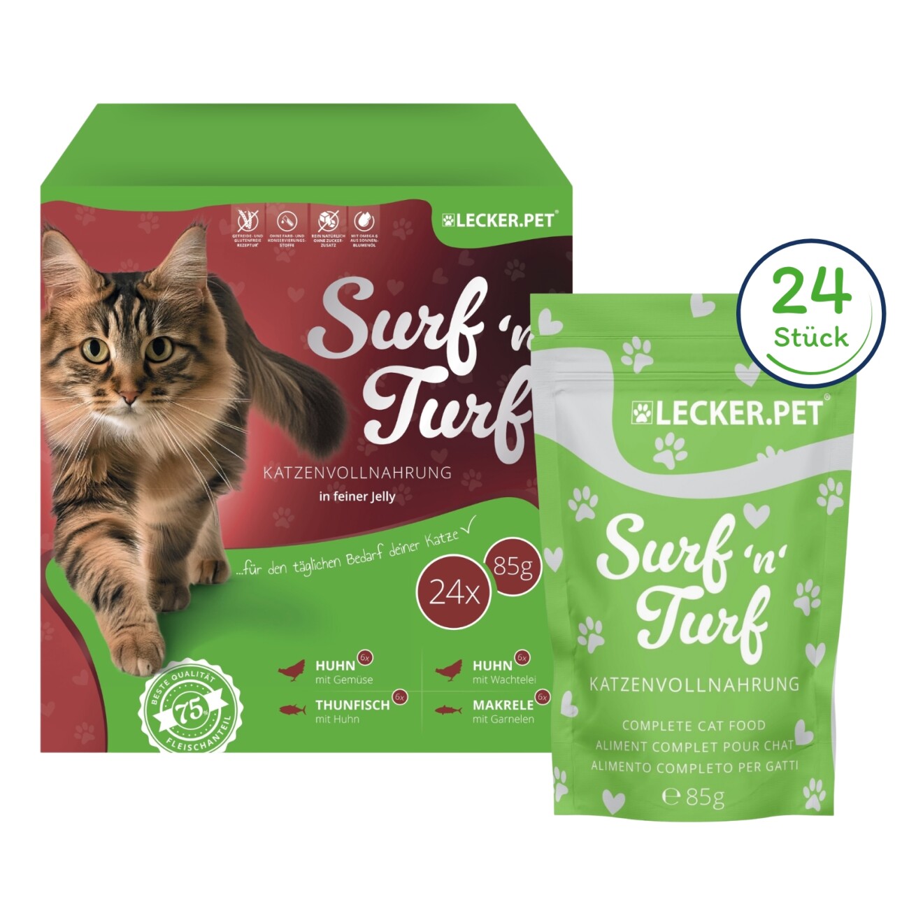 Lyra Pet Lecker.Pet Surf'n'Turf Pouches Katzenfutter in feiner Jelly Nassfutter 4er Mix Multipack