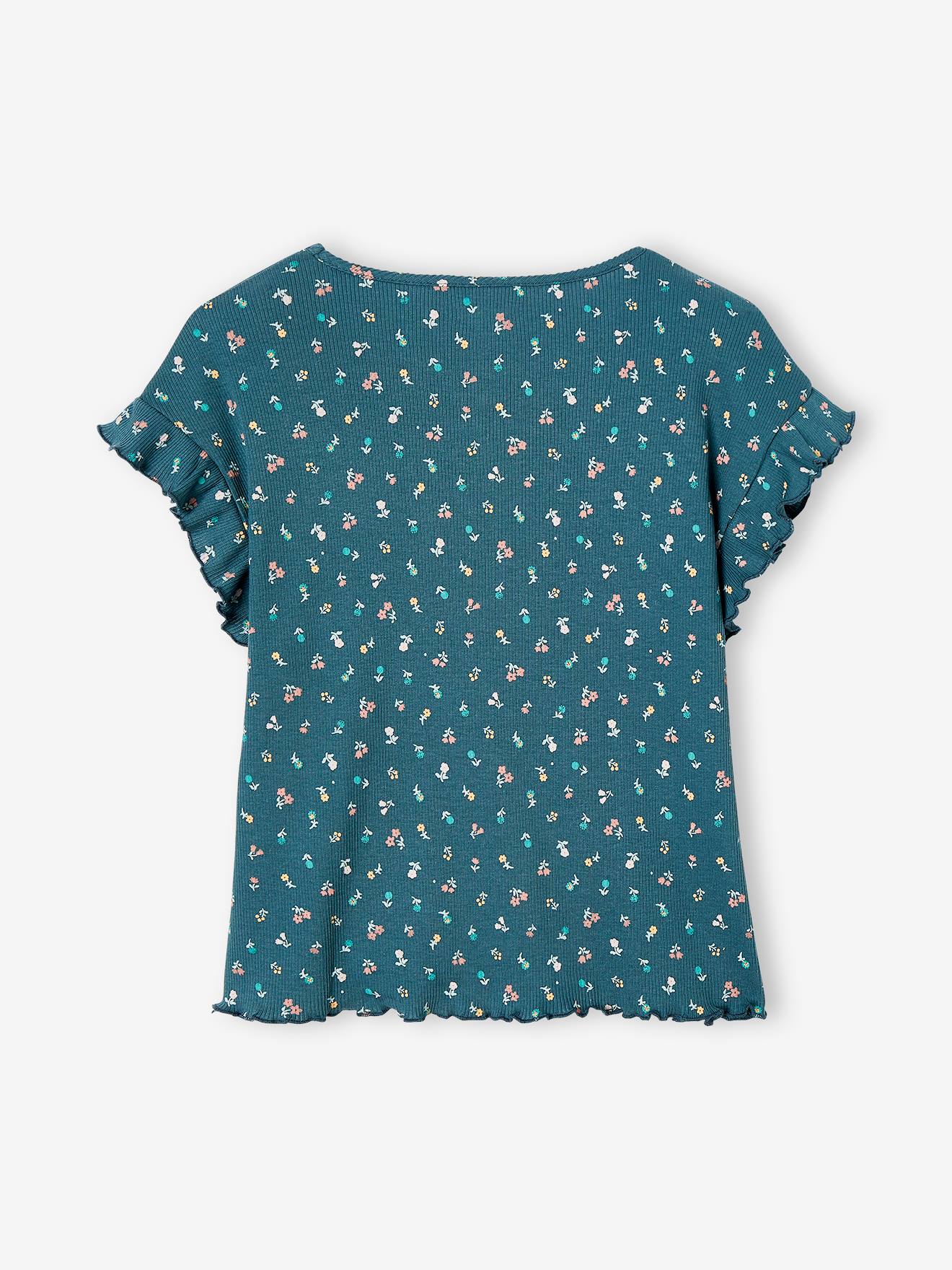 Camiseta canelada com estampa floral para meninas, cor cru