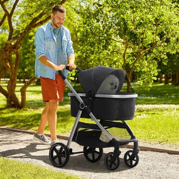 Hundevogn, 3 I 1 Hundevogn, Bilsete, Transportbag, Kattevogn Med Pute Opptil 15 Kg, Sammenleggbar Med Bremser, Nettingvindu, Sikkerhetsliner