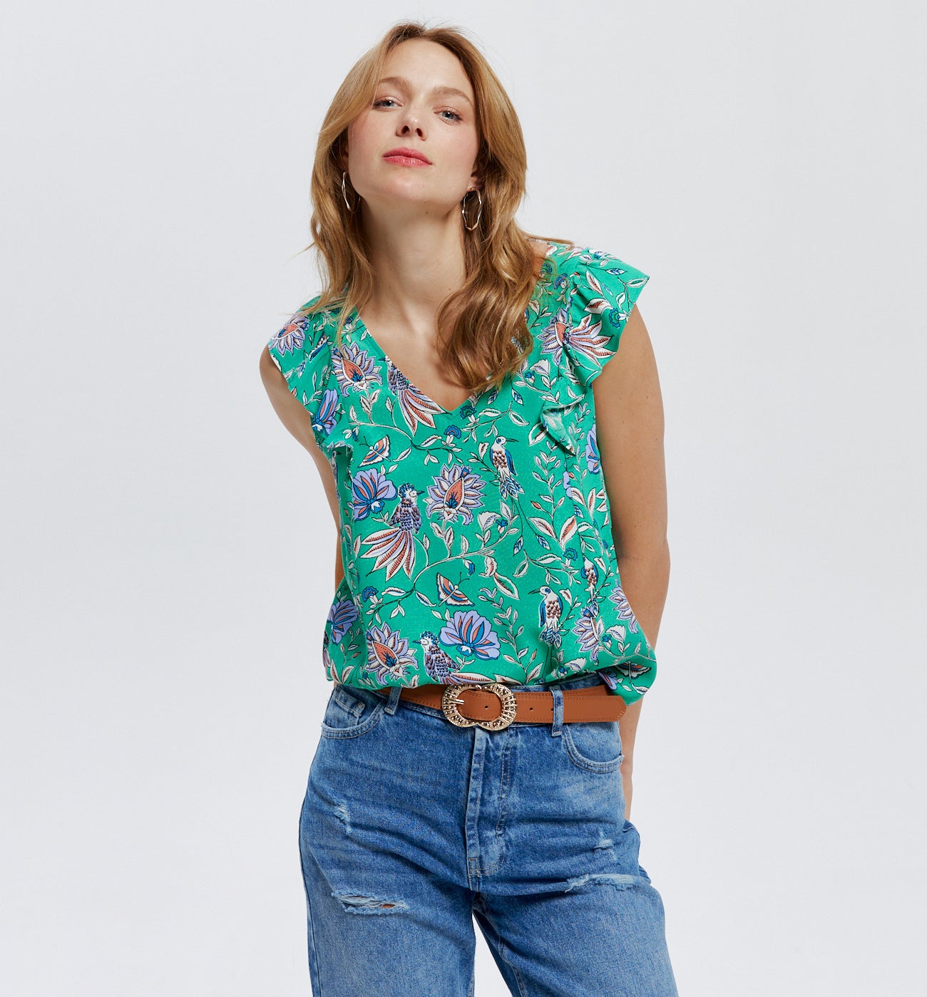 Top à volants Femme - Imprimé vert