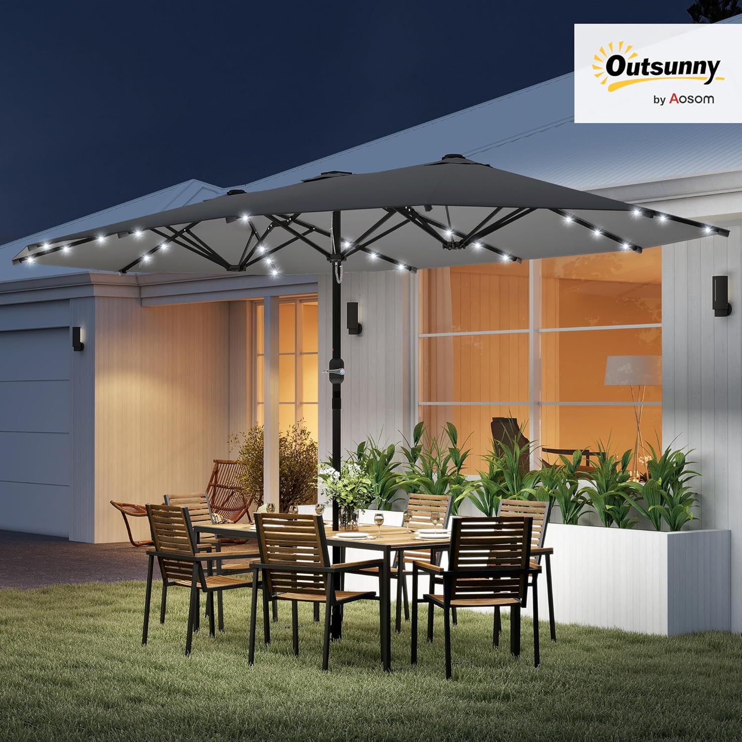 Outsunny Sonnenschirm mit LED Doppelsonnenschirm 443 x 260 cm Gartenschirm Marktschirm groß Terrassenschirm mit Handkurbel Oval Metall