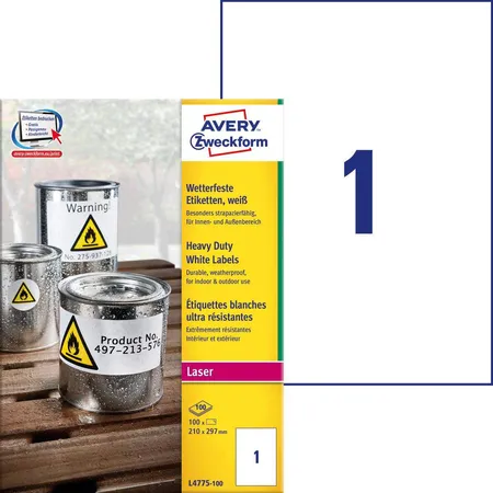 Avery Zweckform L4774-20 Wetterfeste Folien-Etiketten, 99,1 x 139 mm, 20 Bogen/80 Etiketten, weiß