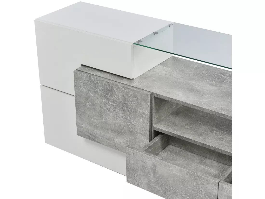 Meuble TV - 200x38x48cm LED brillant blanc et gris - finition verre - 4 portes de rangement 2 tiroirs 3 compartiments - gris