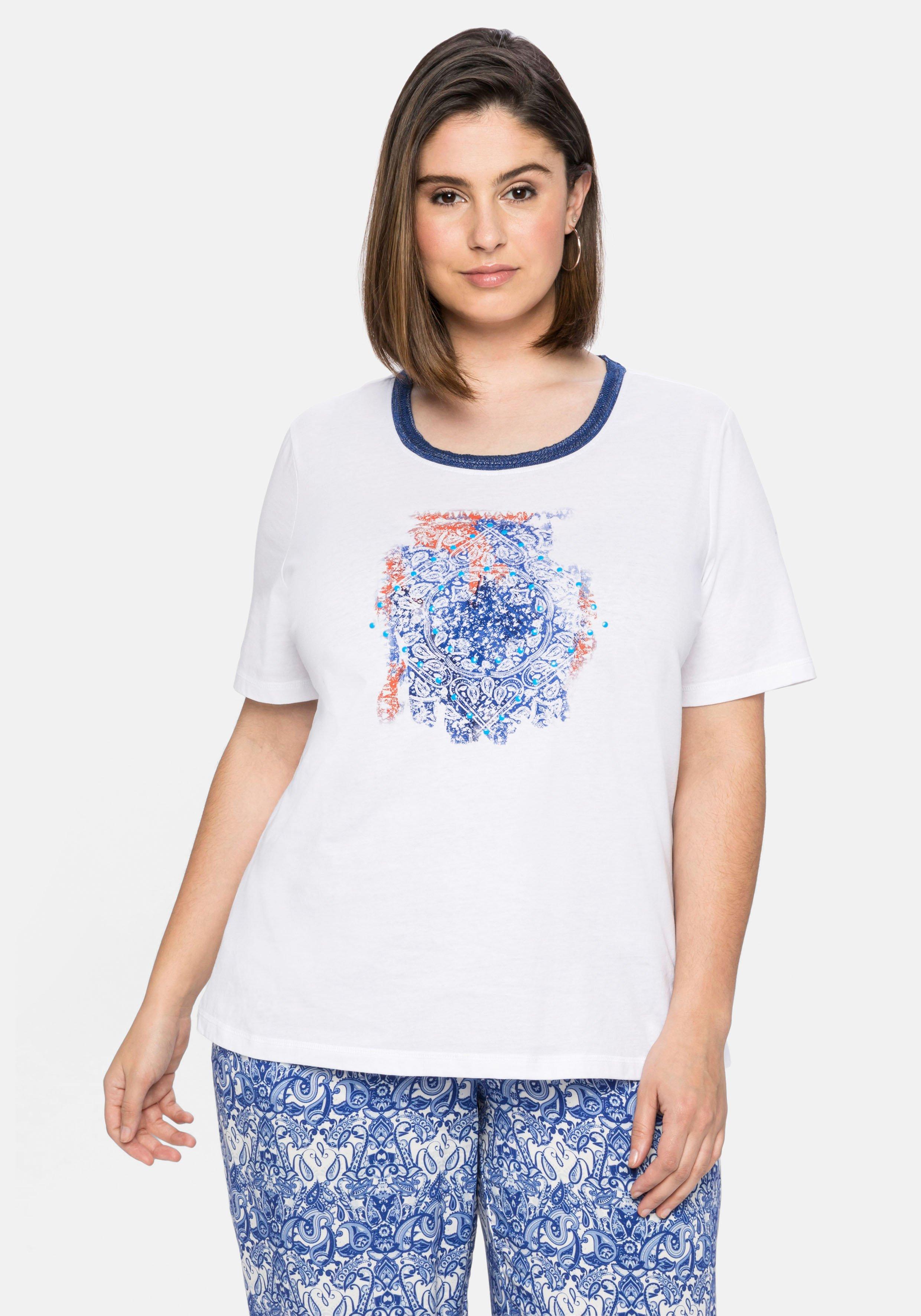 Shirt mit Effektgarn am Ausschnitt und Frontdruck