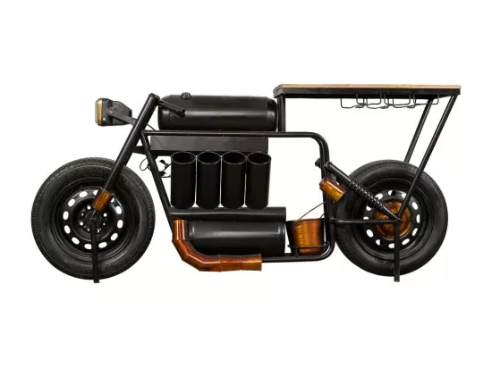 Barre porte-bouteilles moto en bois et métal noir 183x42x86h