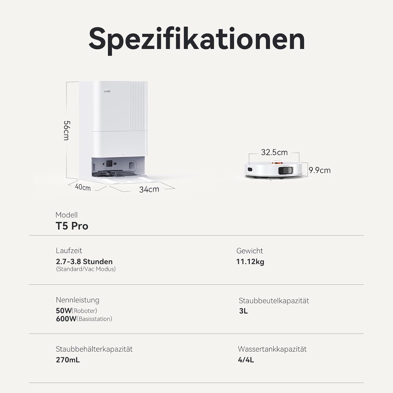 JONR T5 Pro Saugroboter mit Wischfunktion, 8150Pa Saugkraft (verbessert von T5 Lite) mit Heißlufttrocknung, Anti-Verfilzungs-Seitenbürste, Hindernisvermeidung, LiDAR-Navigation, All-in-One Dockund