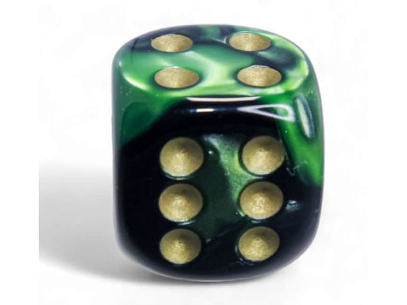 Chessex Würfelset Gemini 16 mm d6 Schwarz-Grün/Gold 12 Stk. Würfelset mit 12 Würfeln