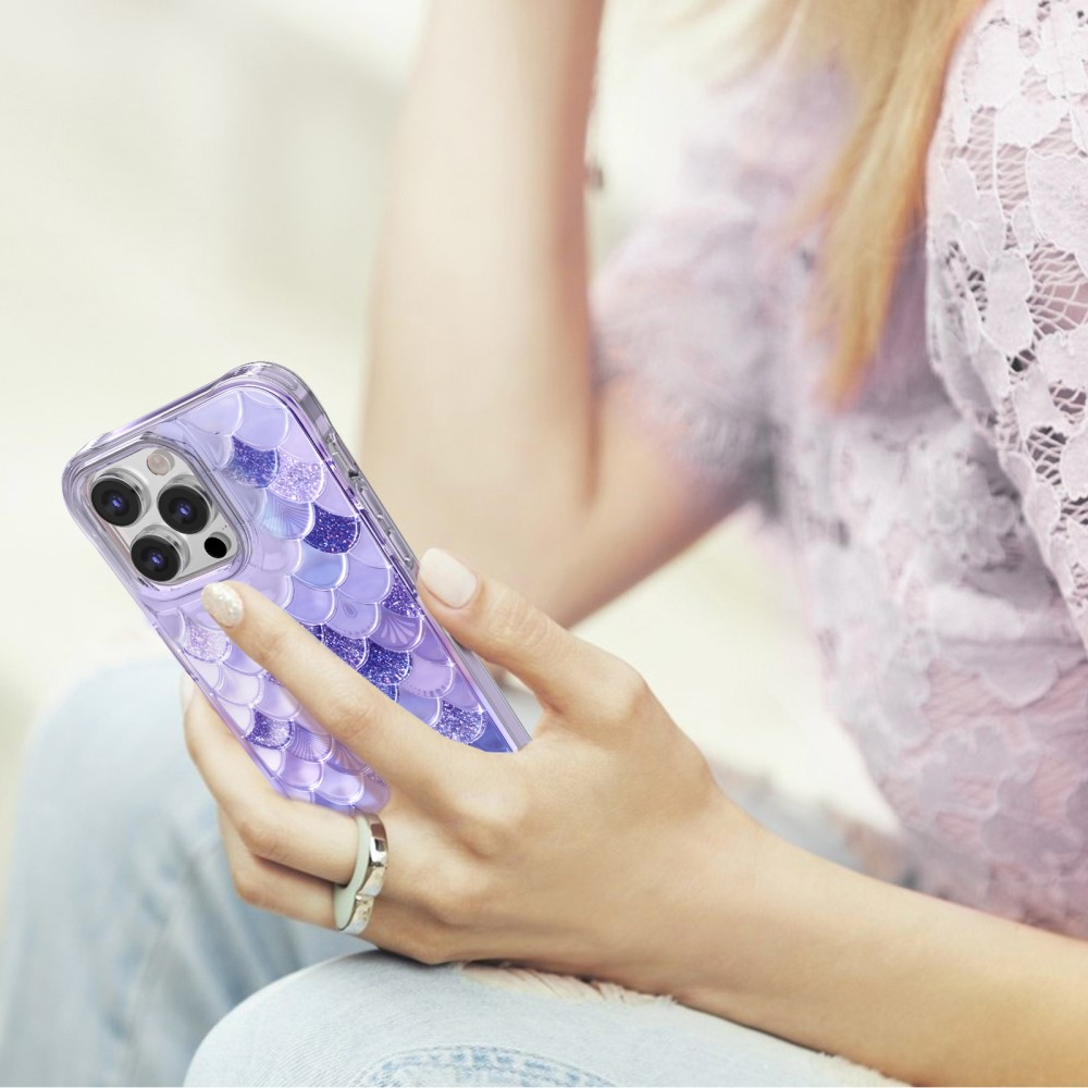 iPhone 14 Pro 3D Gummi Case Schutzhülle im Glitzer Meerjungfrau Mermaid Design - Lila / Transparent