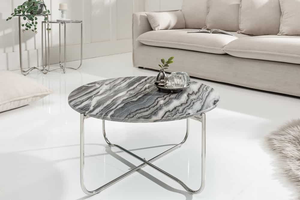 Runder Couchtisch NOBLE 65cm grau Marmor abnehmbare Tischplatte klappbar silber Metall