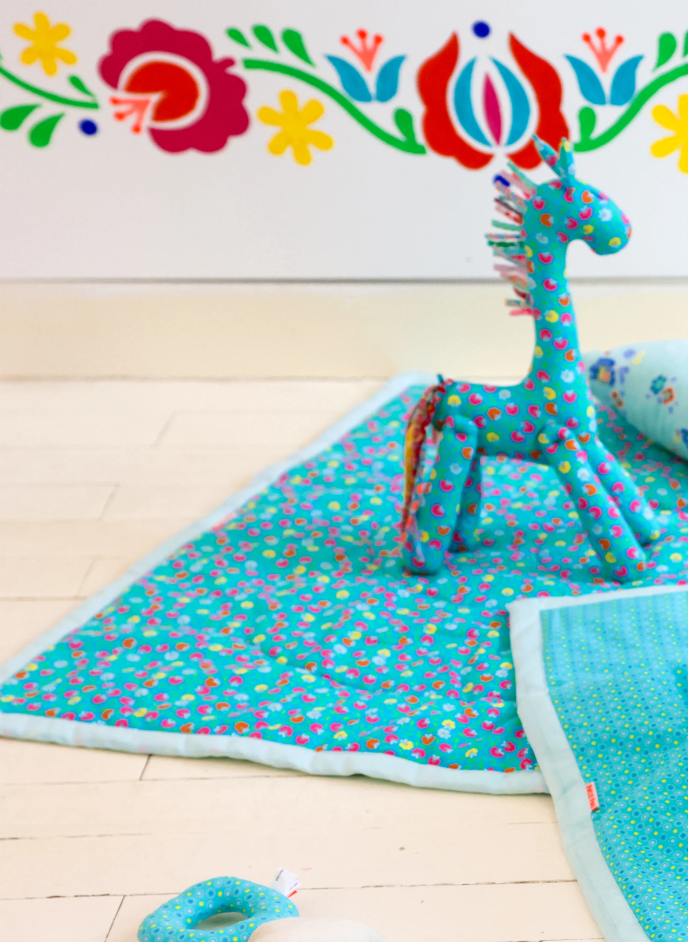 Tapis d'éveil imprimé fleuri en coton | Bleu