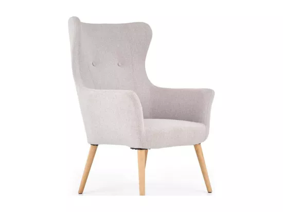 Fauteuil rembourré en tissu gris clair avec dossier haut et pieds en bois de caoutchouc WISH
