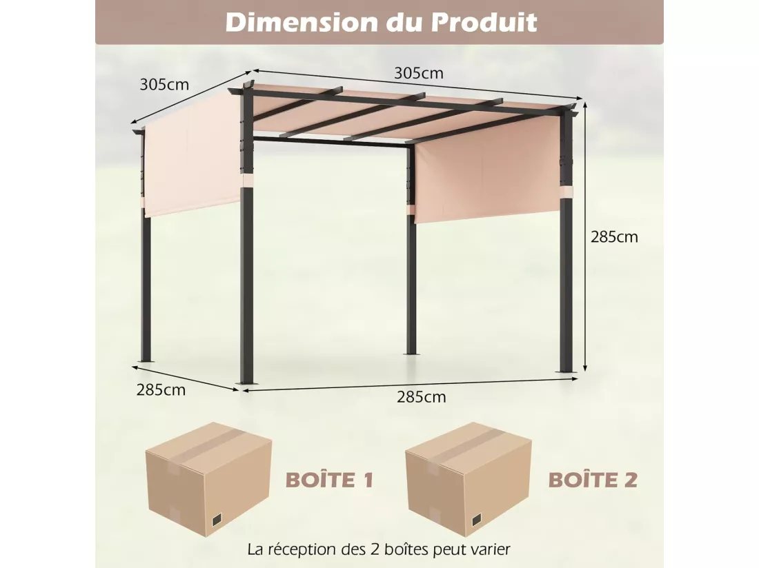 Pergola Rétractable d'Extérieur 305 x 305 CM, Pergola Métallique à Toit Plat pour Patio avec Auvent Rétractable 2 Couvre-soleils à Enrouleur, Tonnelle Abri pour Jardin Patio Porche (Beige)