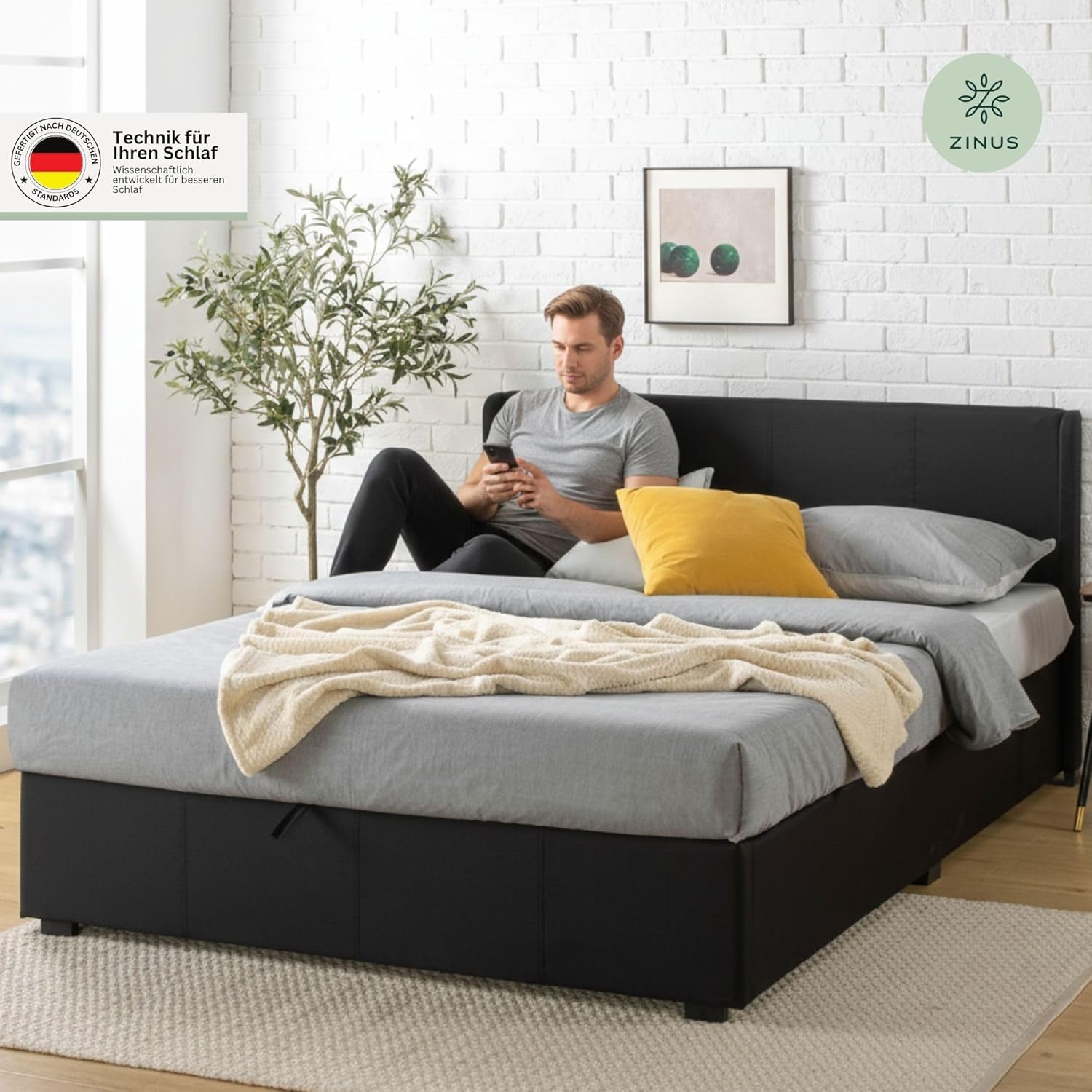Zinus Maddon Polsterbett 140x200 cm mit Stauraum - 31 cm Hohes Bett mit Lattenrost aus Holz & Kopfteil - Hydraulischer Hebemechanismus & Stauraum - Schwarz