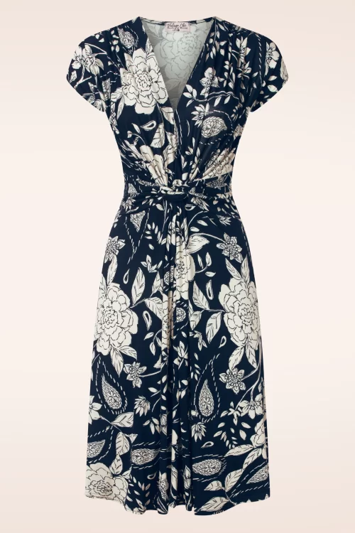 Vintage Chic for Topvintage Suki knotted floral swing jurk in marineblauw en gebroken wit