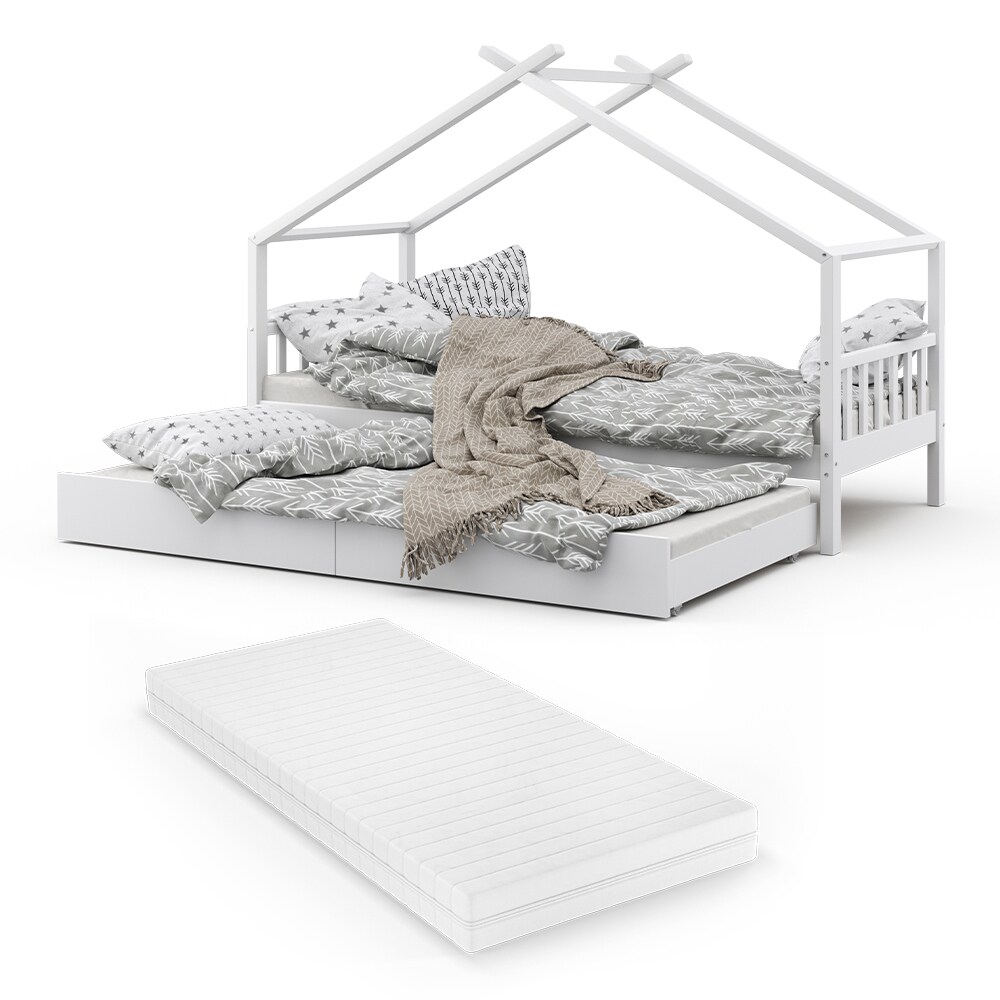 VITALISPA Kinderbett DESIGN Hausbett Gästebett Lattenrost weiß 90x200 Matratze