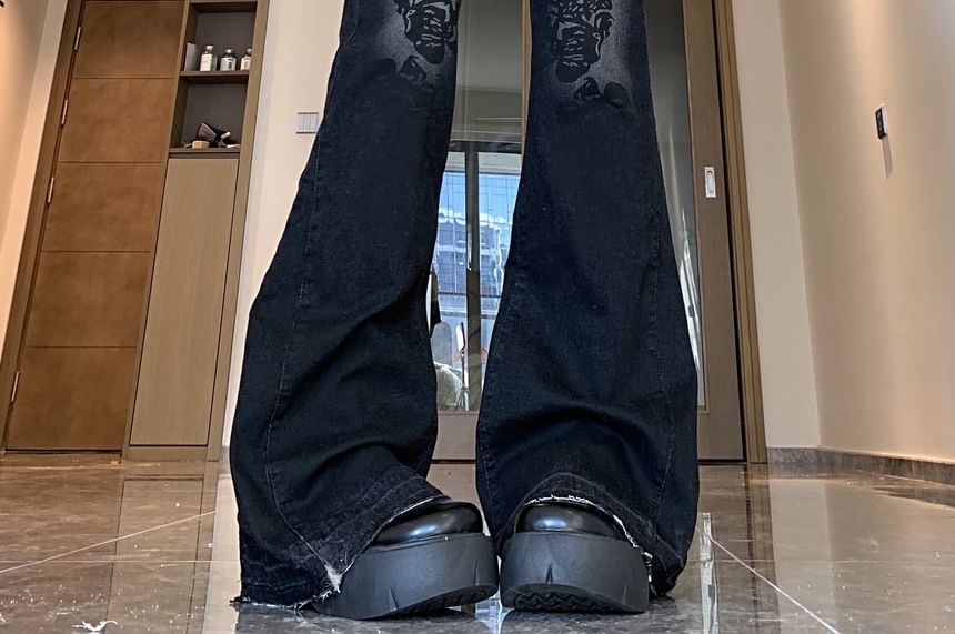 Porstina - Mid Rise Floral Washed Bootcut Jeans