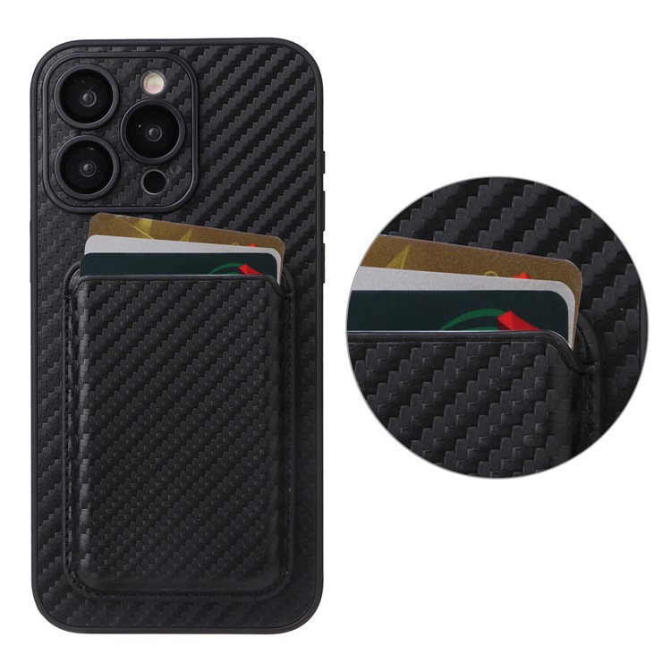 iPhone 15 Pro MagSafe 2in1 Leder Hülle Wallet Case mit Magnetischem Kreditkartenfach im Carbon Look - Schwarz