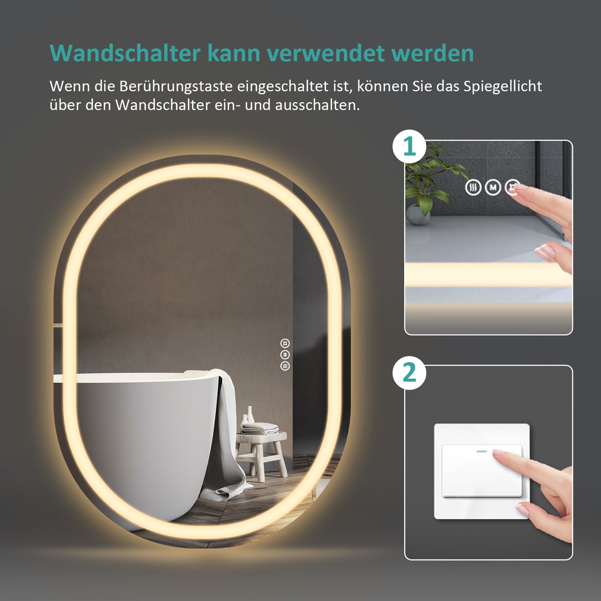 EMKE ovale badkamerspiegel met verlichting, 80x60cm, touchbediening + 3 lichtkleuren + anti-condens