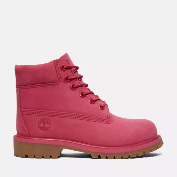 Bota Timberland Premium de 6 polegadas impermeável, edição 50, para crianças pequenas, na cor rosa escuro.