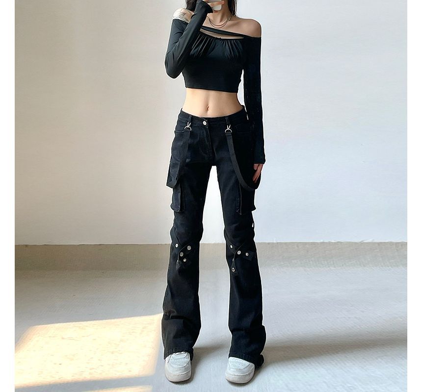 PolkaBella - Low Rise Cross Strap Bootcut Cargo Jeans