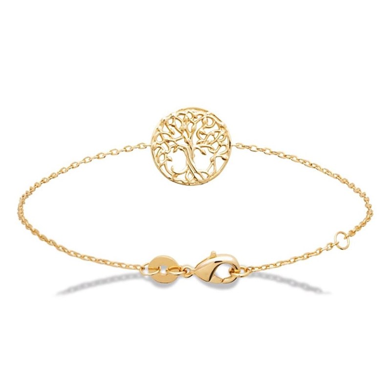 Bracelet arbre de vie à feuilles médaille ronde Plaqué OR 750 3 microns